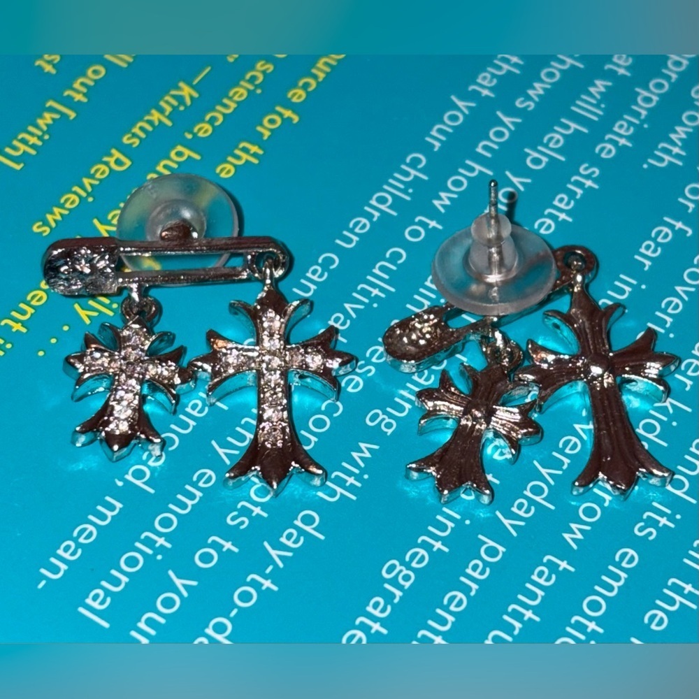 Silver Plated Gothic Double Cross Safety Pin Earrings w/ Zircon Inlay - Picture 6 of 7